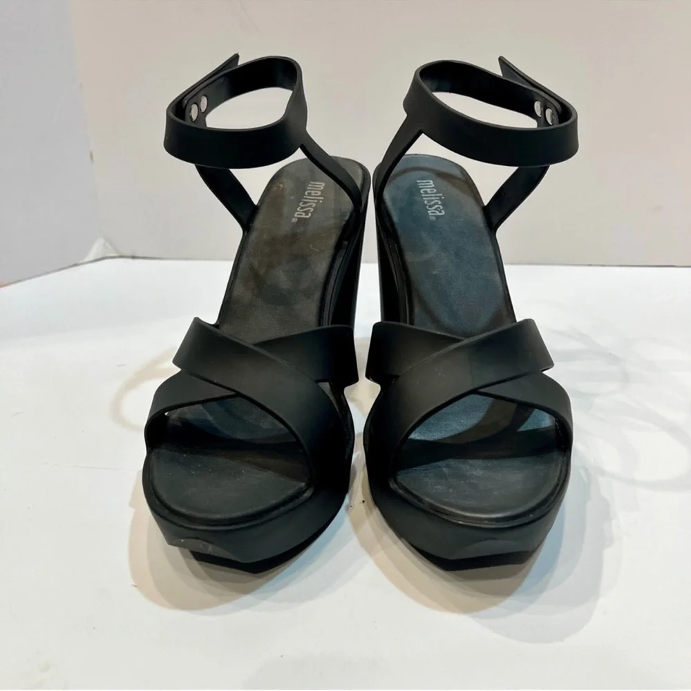 SOLD Melissa Chic Black Strappy platform chunky heels - Picture 5 of 7